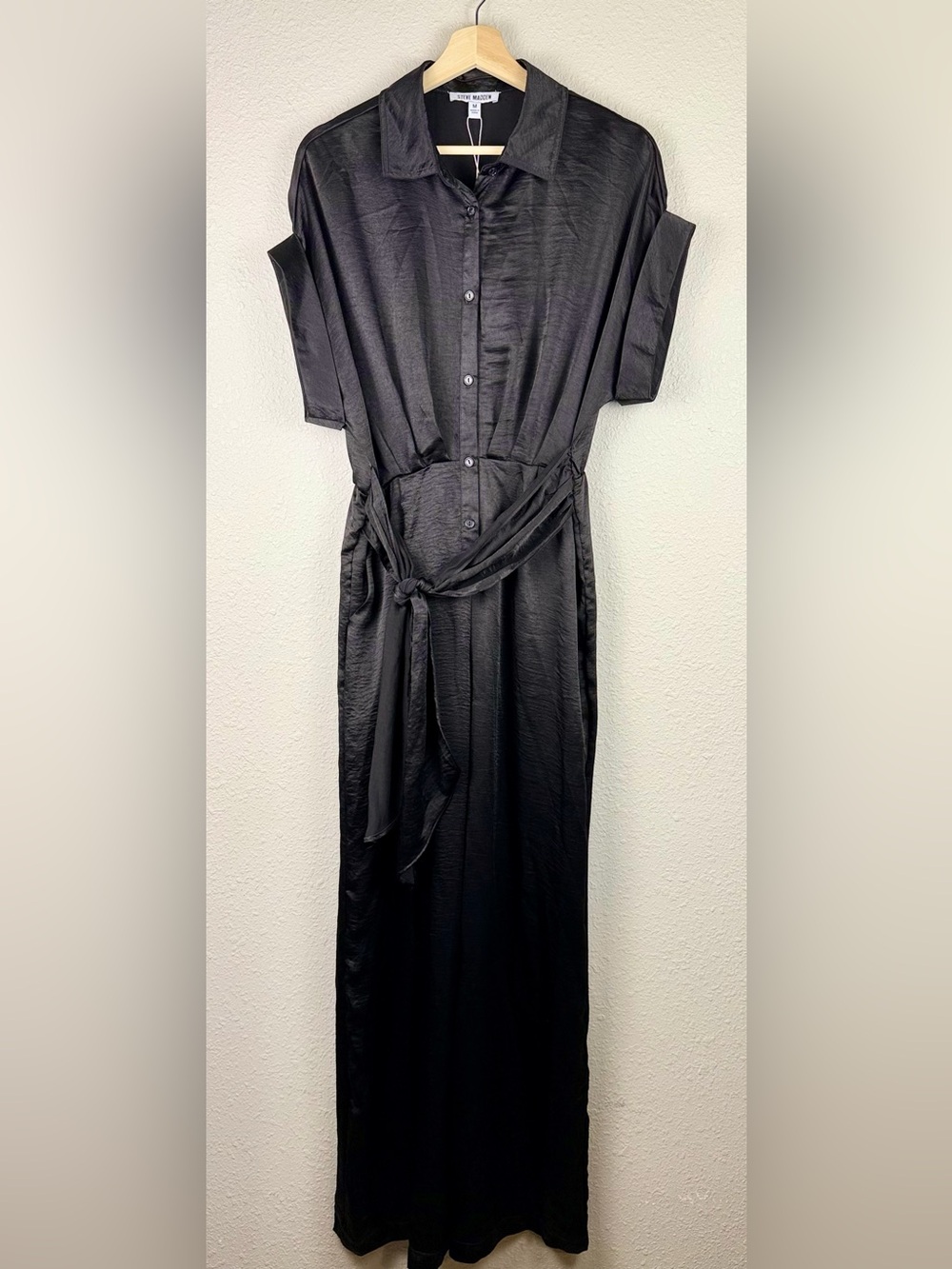 Steve Madden Tony Jumpsuit NWT Black Satin Wide Leg Tie Waist Button Up Medium